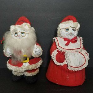 Vintage Paper Mache Cat Santa Ms. Clause 12" Tall Folk Art Signed 1985 Handmade